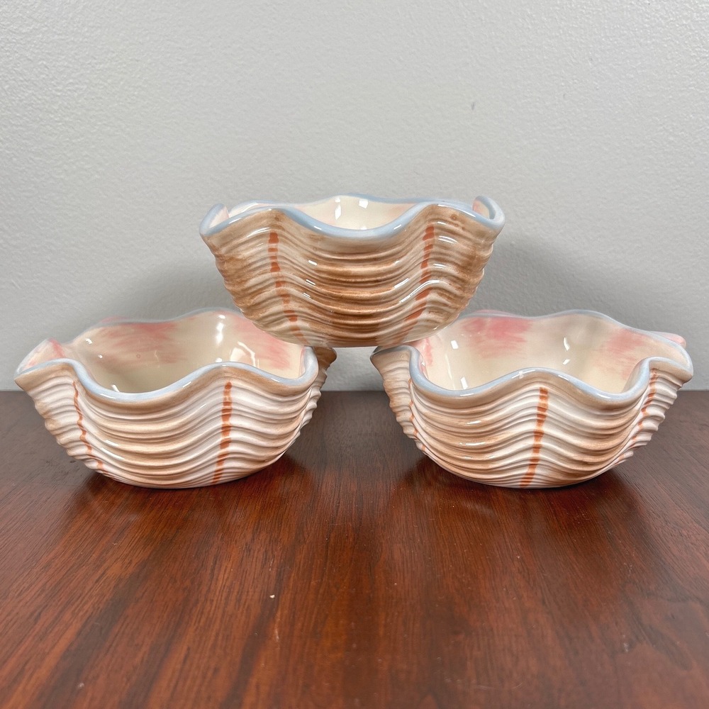 Pfaltzgraff Beachcomber Clam Sea Shell Dipping Bowls Coastal Ceramic Pink THREE